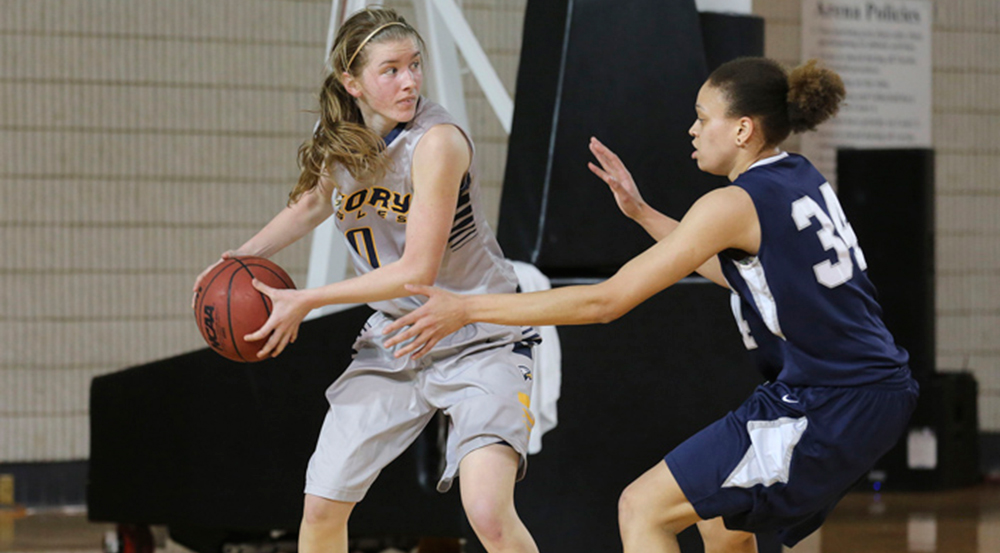 Sophomore guard Michelle Bevan defends against an opposing player. Bevan scored a career-high 15 points against Carnegie Mellon University (Pa.) this past Sunday. | Courtesy of Emory Athletics.