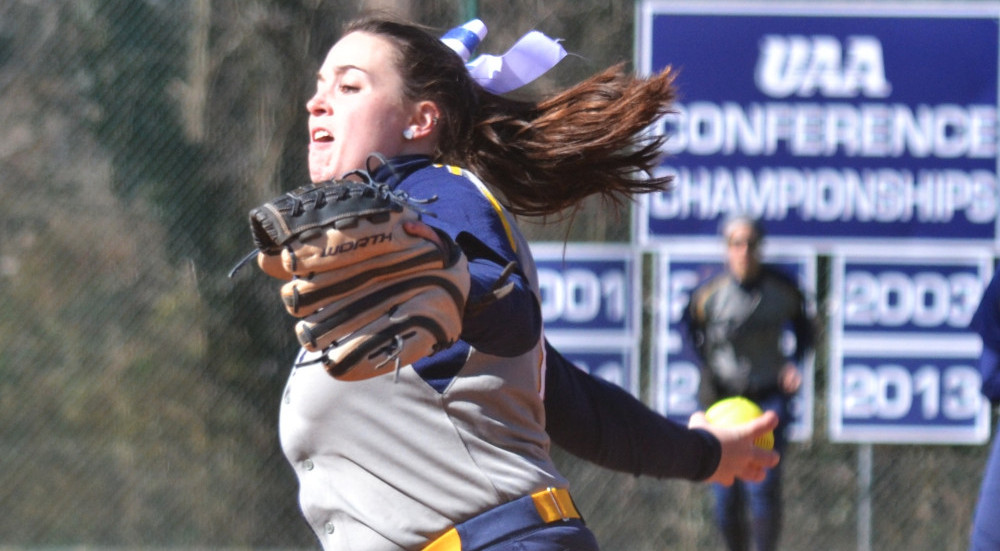 Sophomore pitcher Brittany File winds up for a pitch. File threw five perfect innings against the Rhodes College (Tenn.) Lynx. The 3n2 Invite will continue next weekend.  | Erin Baker/Staff