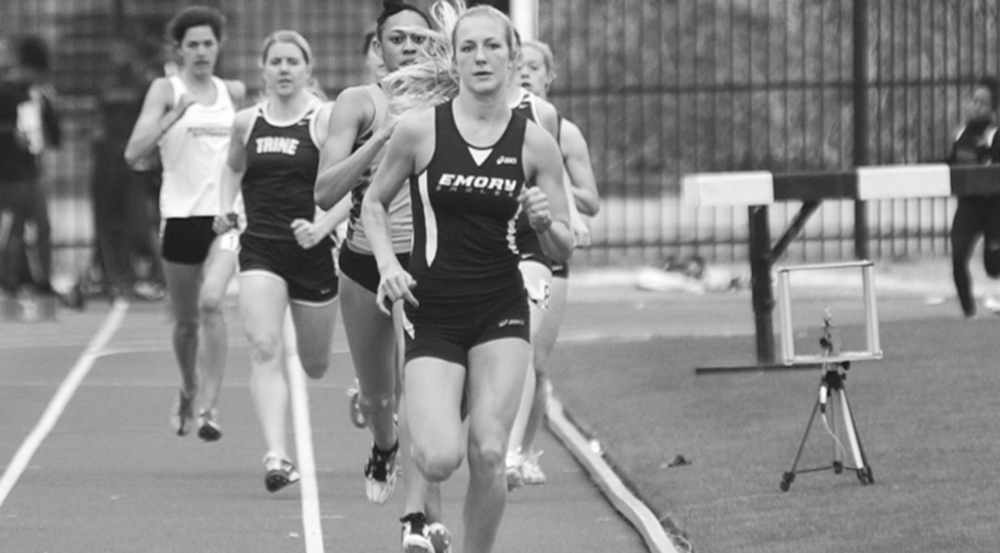 Senior Stephanie Crane leads a race. Crane and the track and field team will travel to High Point University (N.C.) for their next meet. | Courtesy of Emory Athletics 