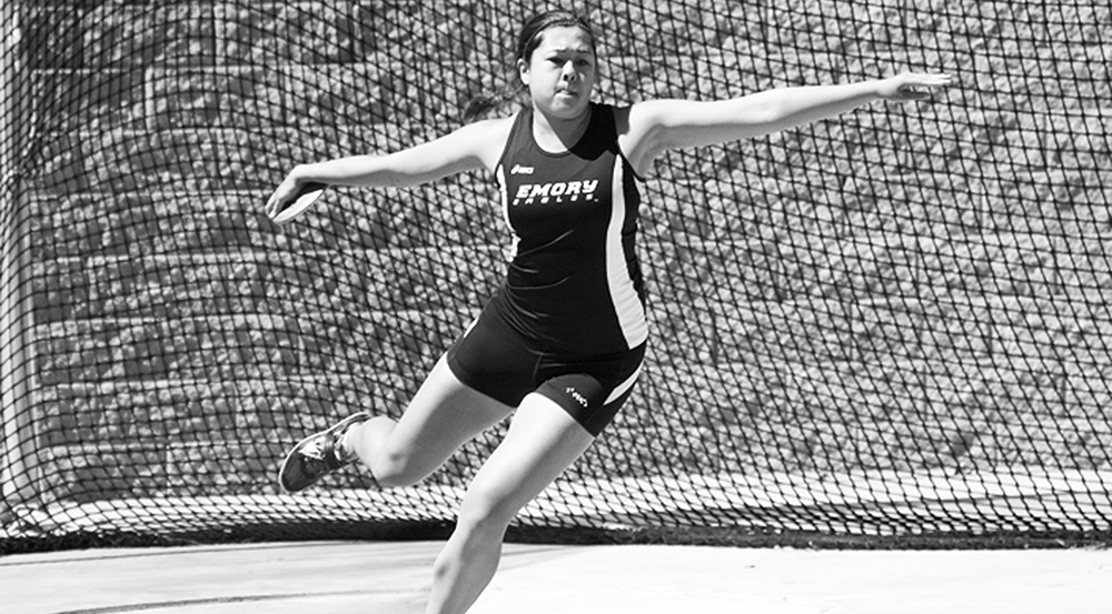 Freshman Sarah Strausser throws in the discus competition. Strausser and the Eagles will compete at the University Athletic Association (UAA) Championships at home this weekend.  | Courtesy of Emory Athletics