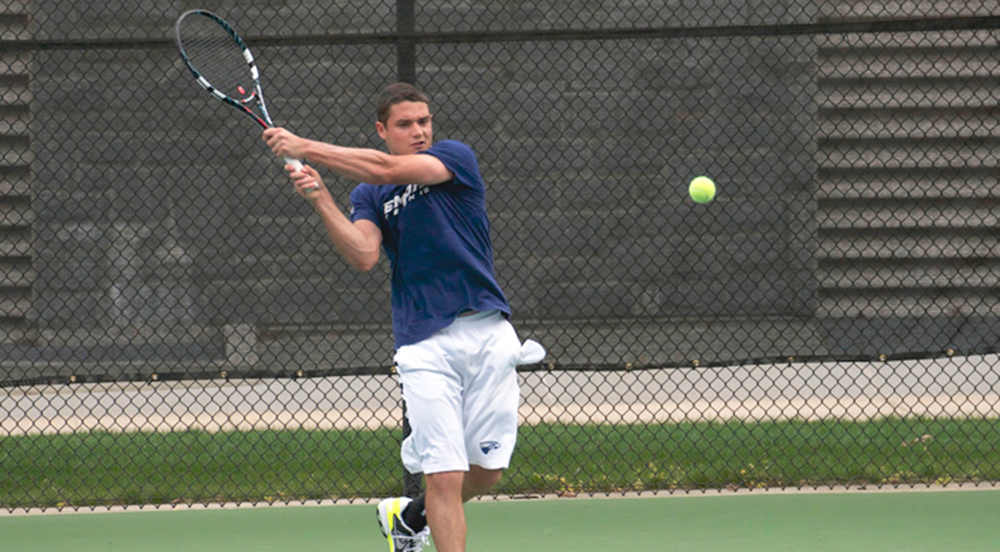 Sophomore Josh Goodman launches the ball back over the net. Goodman and the Eagles won at Sewanee: University of the South (Tenn.) Wednesday. | Courtesy of Emory Athletics