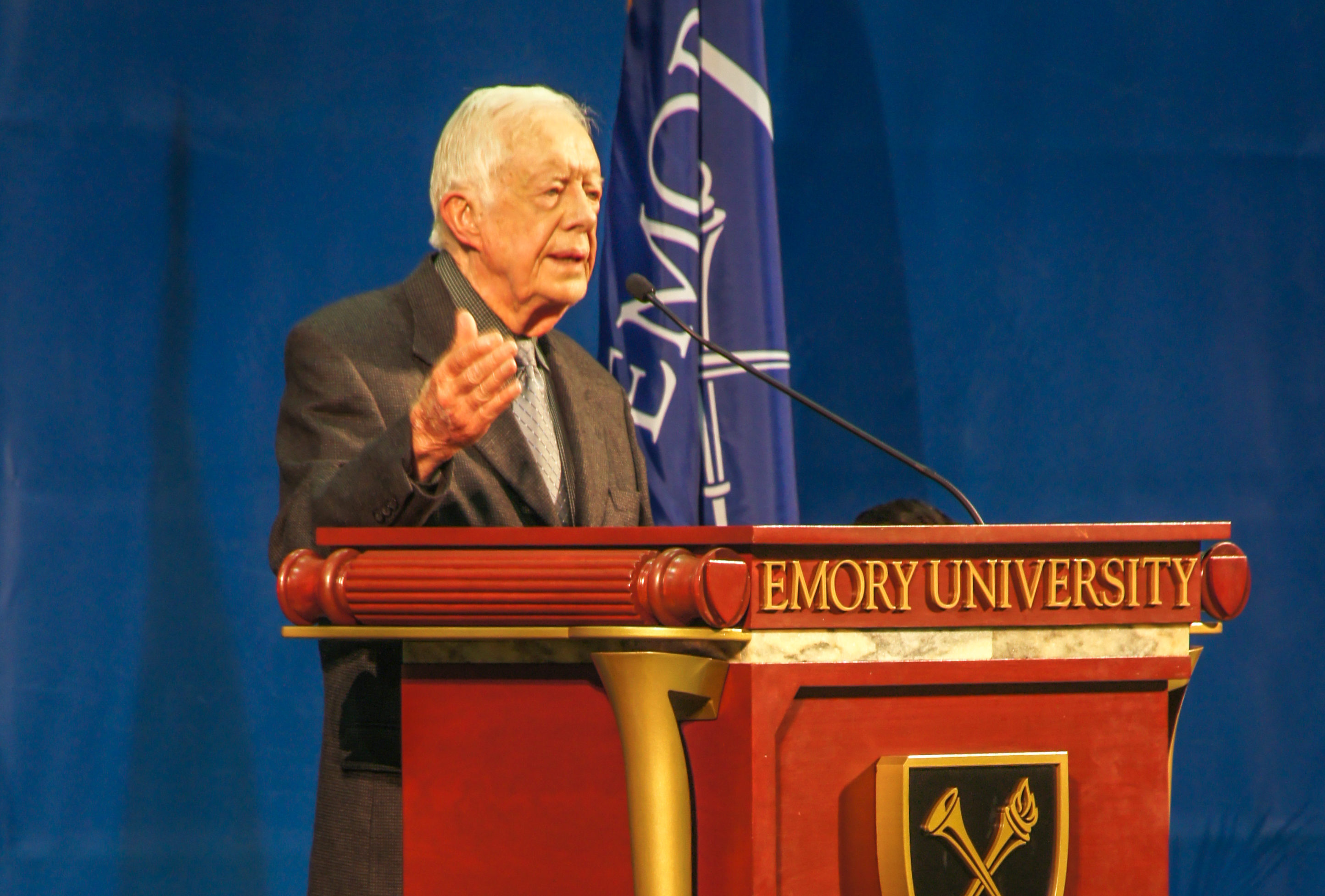 Former U.S. President and Emory Distinguished Professor Jimmy Carter takes the stage at his annual Emory town hall to discuss gender discrimination and his hopes for the election season. 