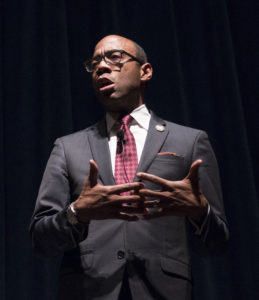 NAACP President and CEO Cornell Brooks addresses more than 200 people at Emory School of Law's Tull Auditorium Thursday, Jan. 13. / Ruth Reyes, Photo Editor