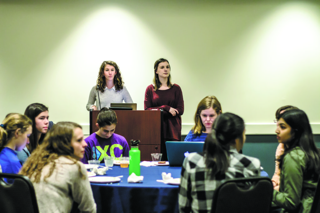 Food Advisory Committee at Emory (FACE) Co-Chairs Samantha Goodman and Katarina Bartel speak at the Feb. 2 town hall meeting. / Michelle Lou, News Editor