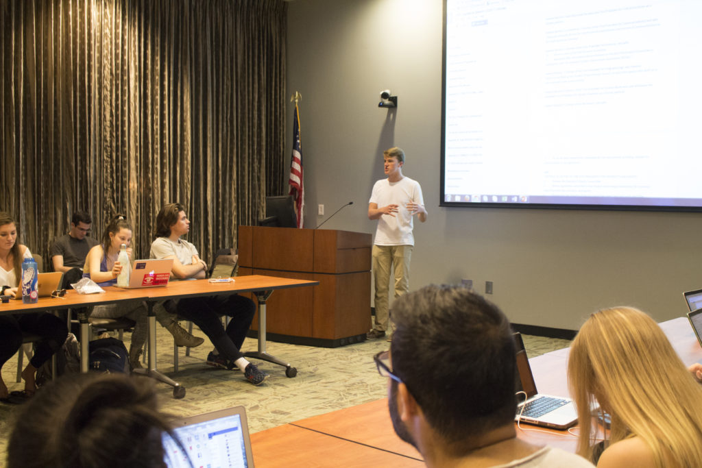College-wide Representative William Palmer (18C) discusses the restructure bill, which he authored, at a Feb. 27 Student Government Association (SGA) meeting. / Michelle Lou, News Editor