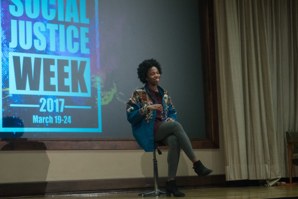 Comedian Sasheer Zamata speaks to the crowd about her experience as a black woman in the entertainment industry at College Council's 'State of Race' March 24./Sarah Taha, Staff
